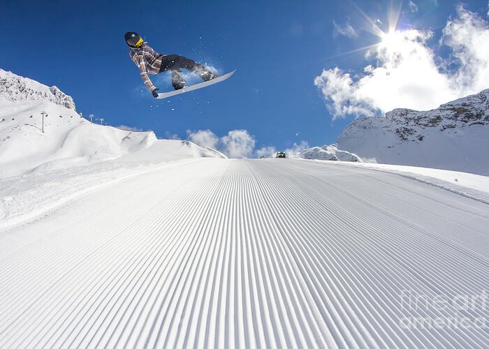 Snowboarding Greeting Card featuring the photograph Flying Snowboarder On Mountains by Merkushev Vasiliy