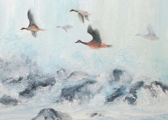 Geese Greeting Card featuring the painting Flying South by Roseann Gilmore