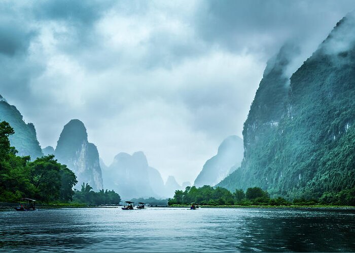 Boats Greeting Card featuring the digital art Foggy morning on the Li River by Kevin McClish