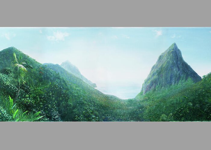 Caribbean Art Greeting Card featuring the painting Fond Pitons by Jonathan Gladding