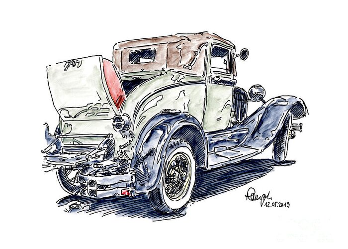 Ford Model A Greeting Card featuring the drawing Ford Model A 1931 Classic Car Ink Drawing and Watercolor by Frank Ramspott