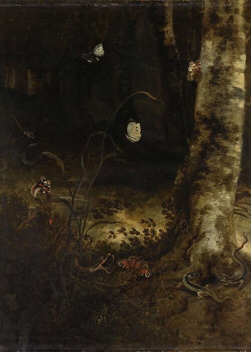 Canvas Greeting Card featuring the painting Forest Floor with a Snake, Lizards, Butterflies and other Insects. by Otto Marseus van Schrieck