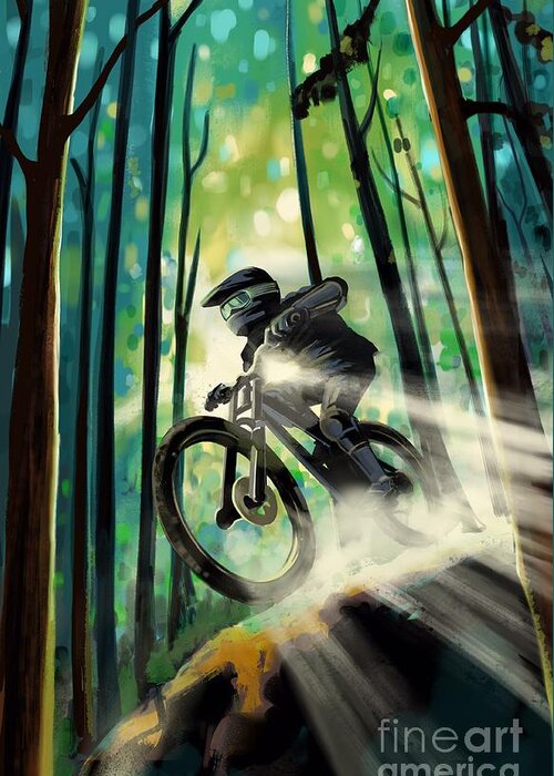 Mountain Bike Greeting Card featuring the painting Forest jump mountain biker by Sassan Filsoof