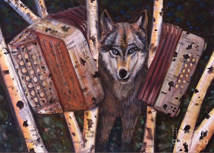 Wolf Greeting Card featuring the painting Forest Music by Linda Markwardt