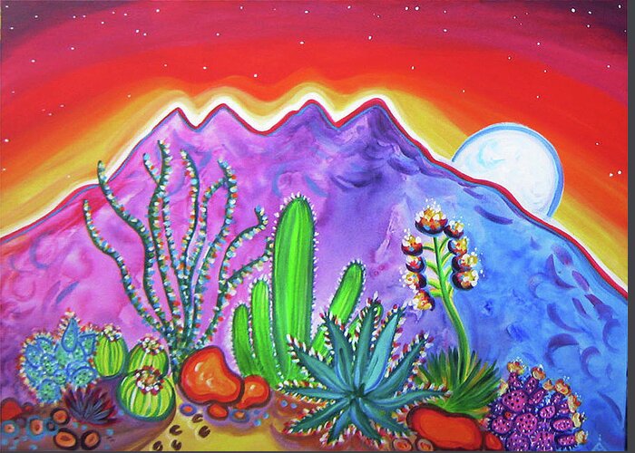 Superstition Mountains Greeting Card featuring the painting Four Peaks Cactus Garden by Rachel Houseman