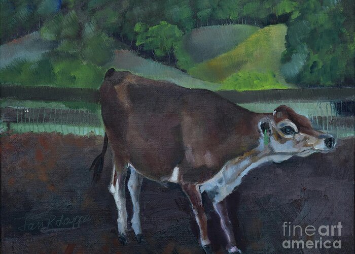 Baby Calf Greeting Card featuring the painting Franks Cow - Mountain Valley Farms by Jan Dappen