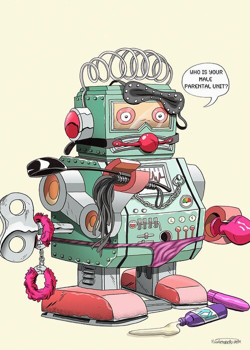 Robot Greeting Card featuring the digital art Freak Bot-69,000 by Kynn Peterkin