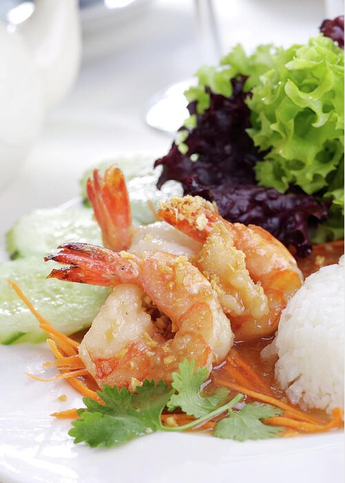 Thai Food Greeting Card featuring the photograph Fried Shrimps With Garlic by Shyman