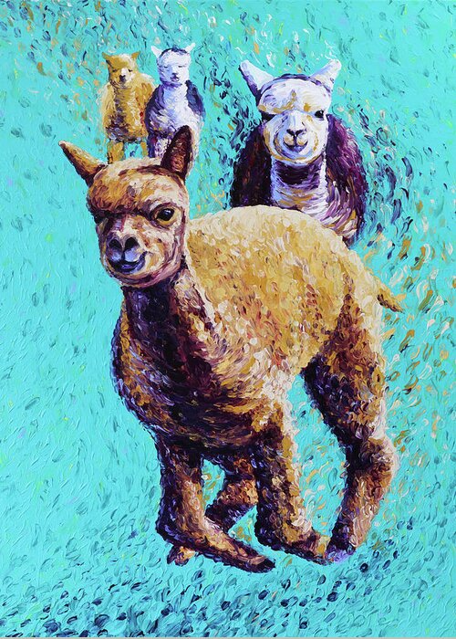 Alpaca Greeting Card featuring the painting Friendly Frolic by Bari Rhys