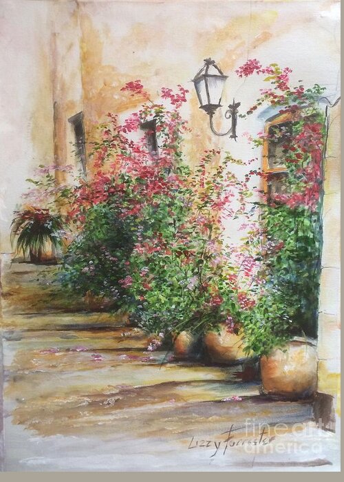 Baleares Greeting Card featuring the painting Front door spectacle, Steps in the Old Town, Mallorca Balearics Spain by Lizzy Forrester