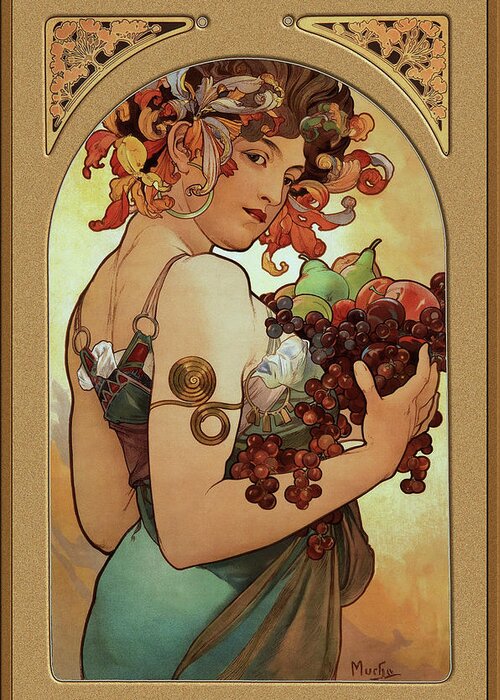 Fruit Greeting Card featuring the painting Fruit by Alphonse Mucha by Rolando Burbon