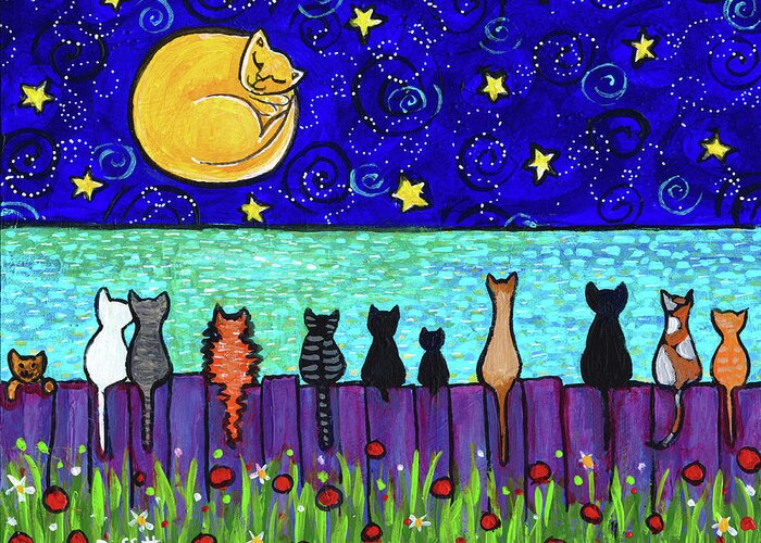Full Moon Cats Ocean Greeting Card featuring the painting Full Moon Cats Ocean by Shelagh Duffett