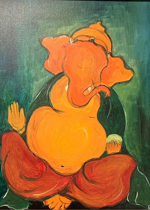 Seated Ganesh 2 Greeting Card featuring the painting Ganesh 4 by Raji Musinipally