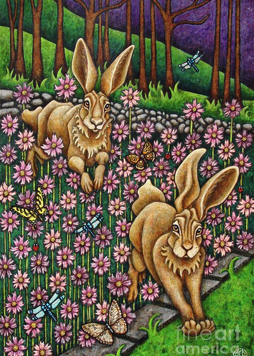Hare Greeting Card featuring the painting Garden Frolic by Amy E Fraser