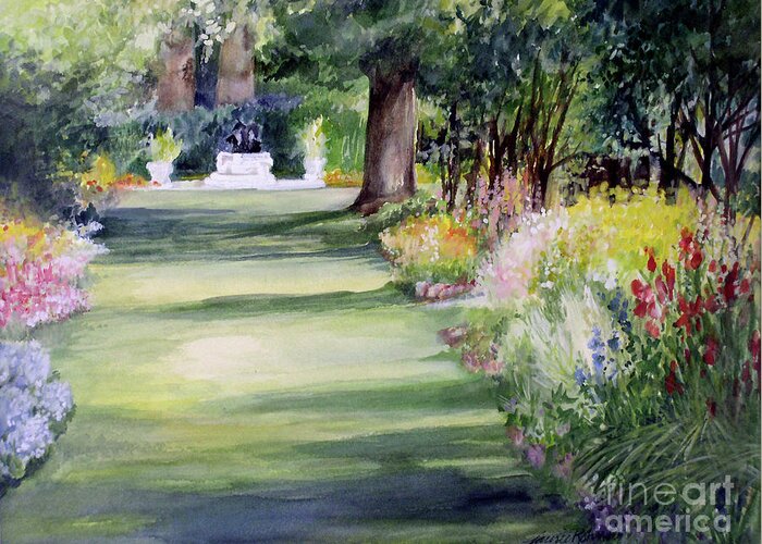 Landscape Watercolor Greeting Card featuring the painting Garden Shadows by Laurie Rohner