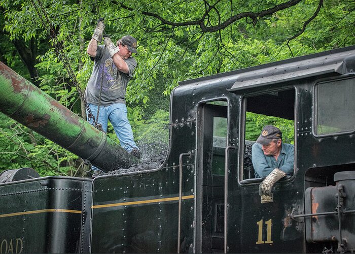Railroad Greeting Card featuring the photograph Gary Cassell, the engineer on Cass Scenic Railroad Shay 11 by Jim Pearson