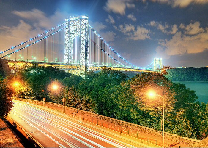 Built Structure Greeting Card featuring the photograph George Washington Bridge With Beautiful by Tony Shi Photography
