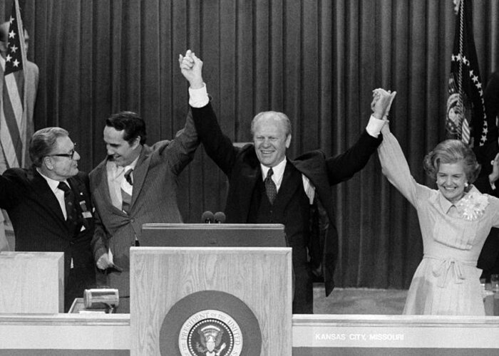 President Ford Greeting Card featuring the photograph Gerald Ford Receiving GOP Nomination - 1976 by War Is Hell Store