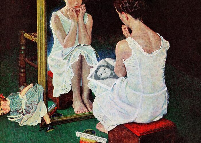 Actresses Greeting Card featuring the painting Girl At The Mirror by Norman Rockwell
