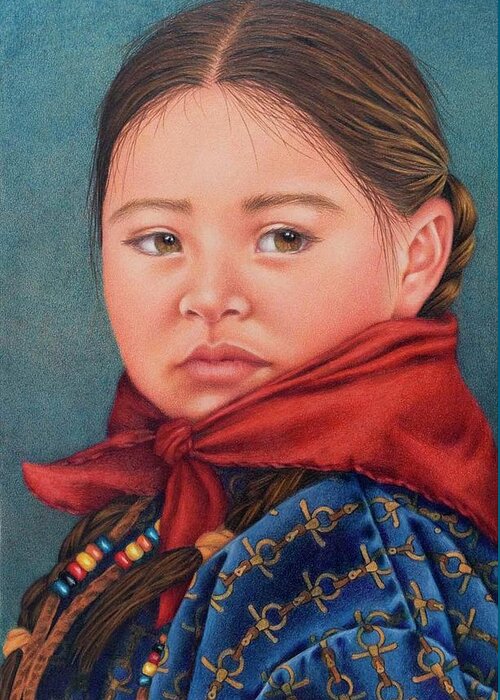 Portrait Of A Western Rodeo Girl. Native American. American Indian Portraits. Girls Face. Red Handkerchief. Girl In Braids. Horse Girl. Equine. Indian Pony Beads. Horse Tack Shirt Greeting Card featuring the painting Girl in the Red Handkerchief by Valerie Evans