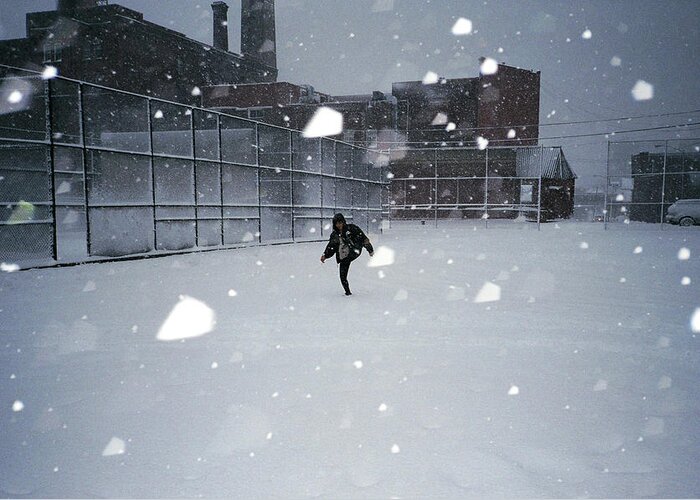 People Greeting Card featuring the photograph Girl Playing In Snowstorm by Levi Mandel
