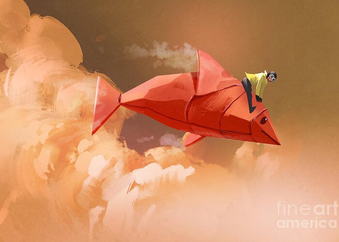 Sky Greeting Card featuring the digital art Girl Riding On The Origami Paper Red by Tithi Luadthong