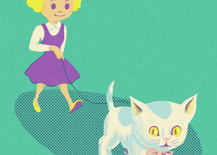 Animal Greeting Card featuring the drawing Girl Walking a Kitten on a Leash by CSA Images
