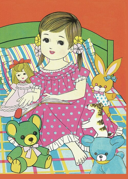 Campy Greeting Card featuring the drawing Girl with stuffed animals by CSA Images