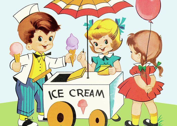 Balloon Greeting Card featuring the drawing Girls at an Ice Cream Cart by CSA Images
