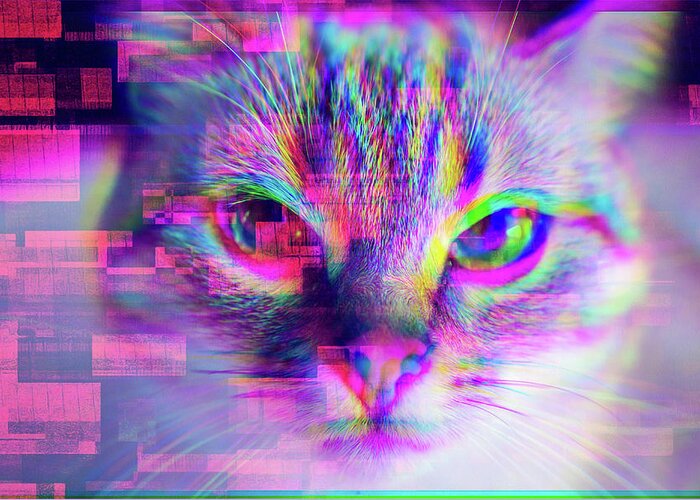 Glitch Greeting Card featuring the digital art Glitch Art Trippy Cat by Matthias Hauser
