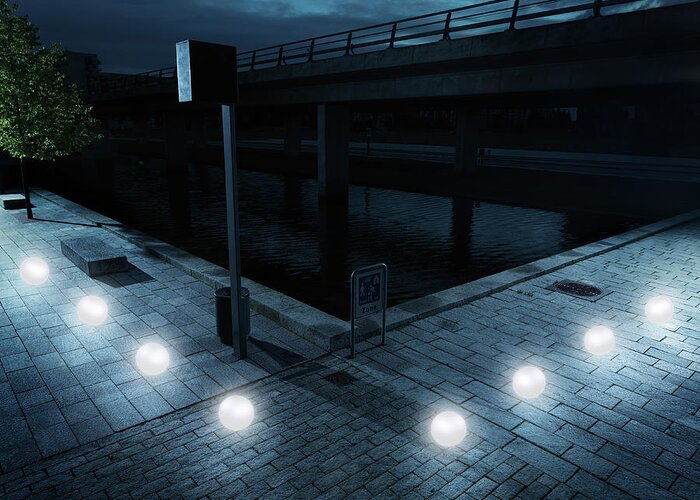 Copenhagen Greeting Card featuring the photograph Glowing Balls Floating In Urban Scenery by Henrik Sorensen