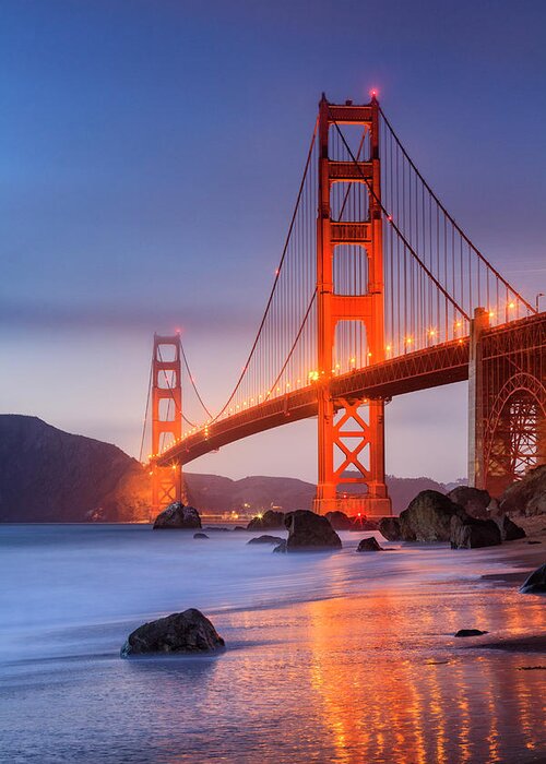 Golden Gate Bridge Greeting Card featuring the photograph Gold and Blue by Erick Castellon