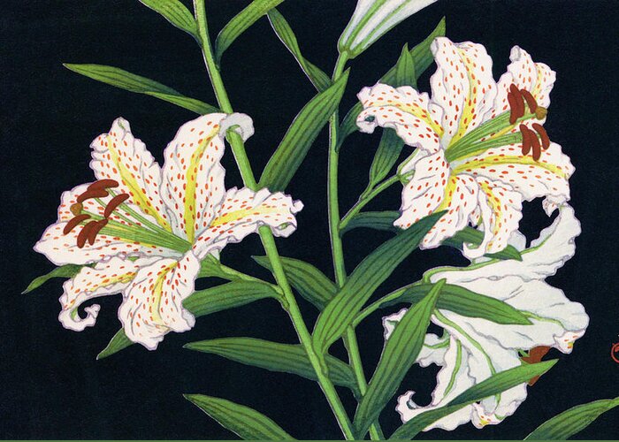 Golden-banded Lily Greeting Card featuring the painting Golden-banded lily - Digital Remastered Edition by Kawase Hasui