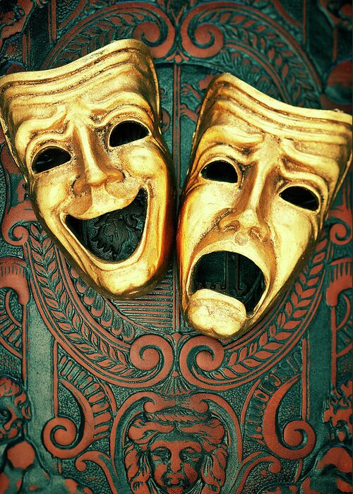 Leather Greeting Card featuring the photograph Golden Comedy And Tragedy Masks On by David Muir