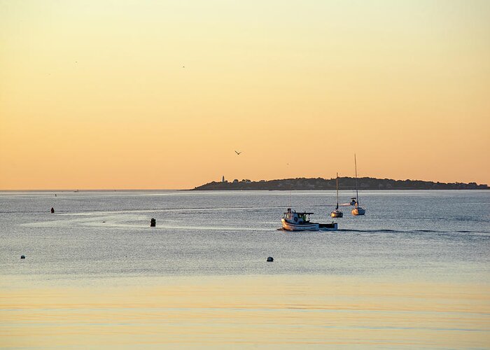 Beverly Greeting Card featuring the photograph Golden light over Beverly MA and Bakers Island Sunrise by Toby McGuire