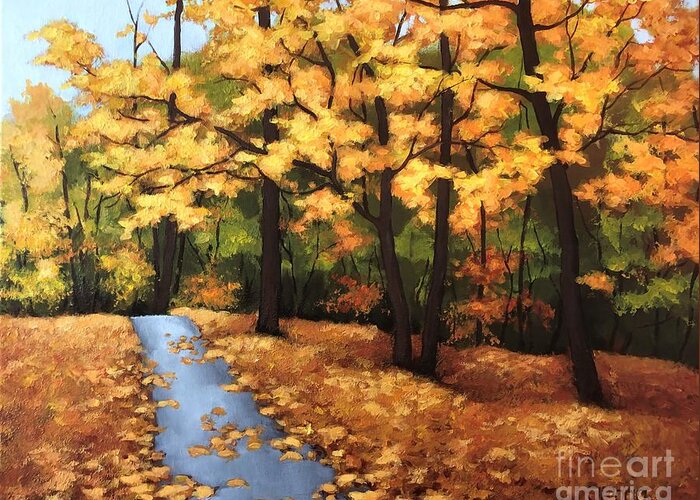 Fall Greeting Card featuring the painting Golden sidewalk by Inese Poga