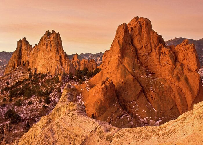 Tranquility Greeting Card featuring the photograph Golden Sunrise At Garden Of The Gods by Ronda Kimbrow Photography