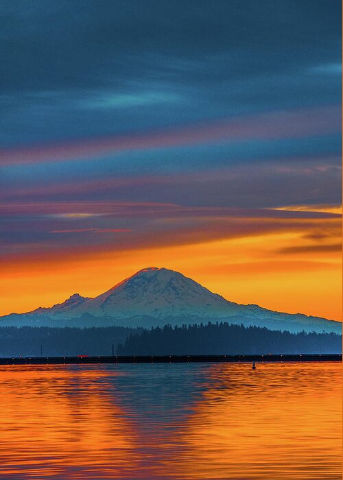 Winter Sunrise; Leschi Marina; Seattle; Mount Rainier; Lake Washington Greeting Card featuring the photograph Golden Sunrise Glow by Emerita Wheeling