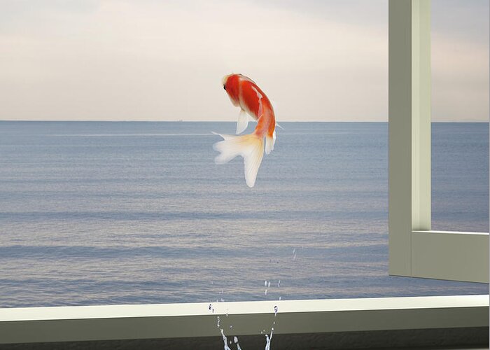 Augmented Reality Greeting Card featuring the photograph Goldfish Is Escaping To Sea From Tablet by Hiroshi Watanabe