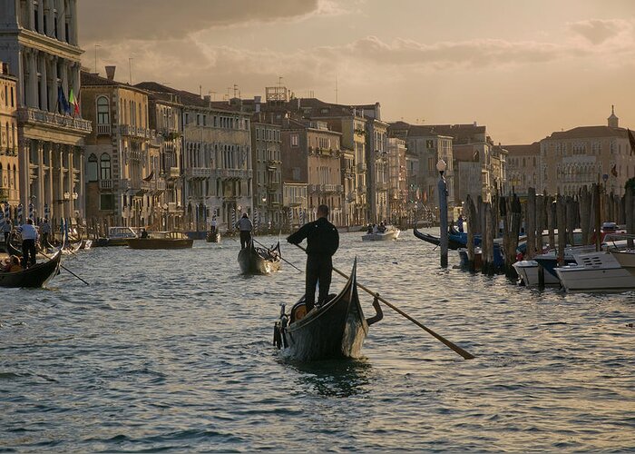 People Greeting Card featuring the photograph Gondoliers On The Grand Canal, Venice by Stuart Mccall