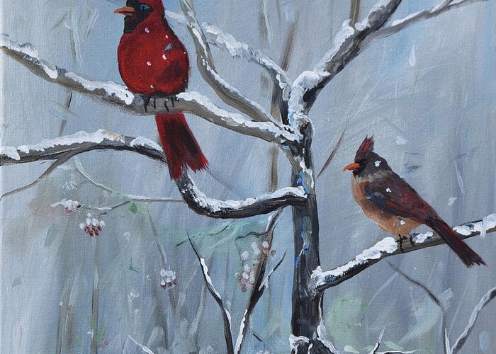Cardinals Greeting Card featuring the painting Gone Away is the BlueBird - Walking in a Winter Wonderland by Jan Dappen