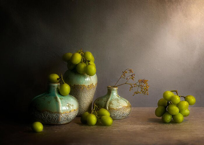Grapes Greeting Card featuring the photograph Grape Whit Green Vase by Jie Fischer