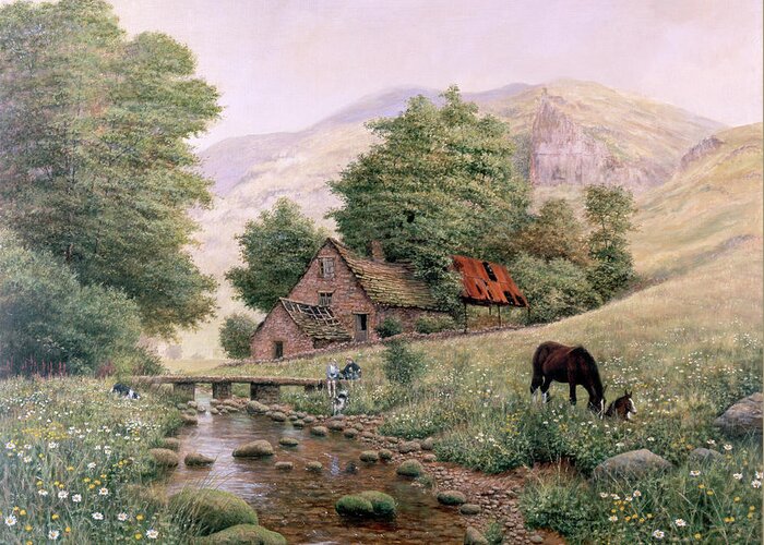 Horses Country Barn Meadow Greeting Card featuring the painting Grazing by Bill Makinson