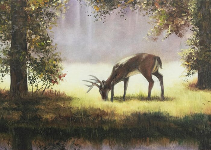 Grazing Deer Greeting Card featuring the painting Grazing deer by Lynne Pittard