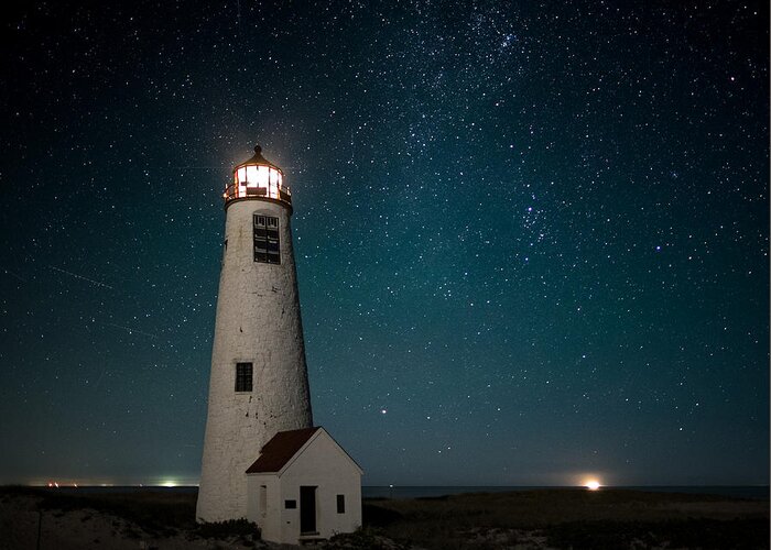 Lighthouse Greeting Card featuring the photograph Great Point Light, Midnight by Scott Pilla