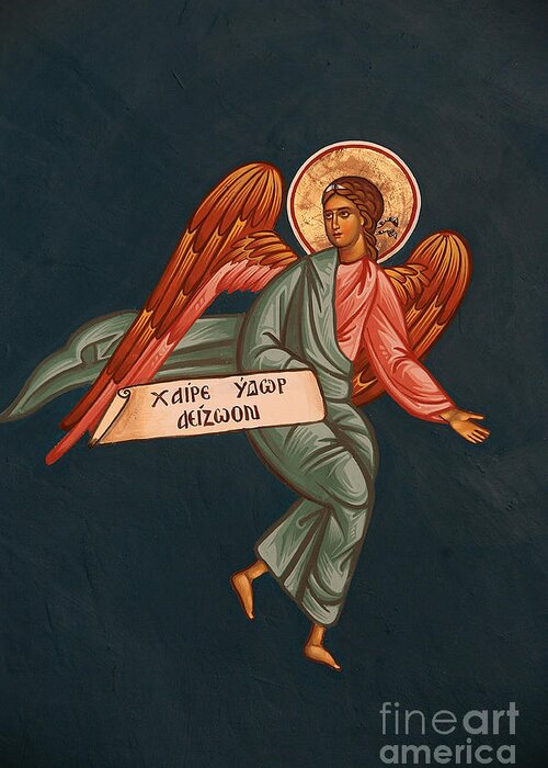 Greek Orthodox Fresco Detail Depicting An Angel Thessalonique Grece Greeting Card featuring the photograph Greek Orthodox Fresco Detail Depicting An Angel Thessalonique Grece by Greek School