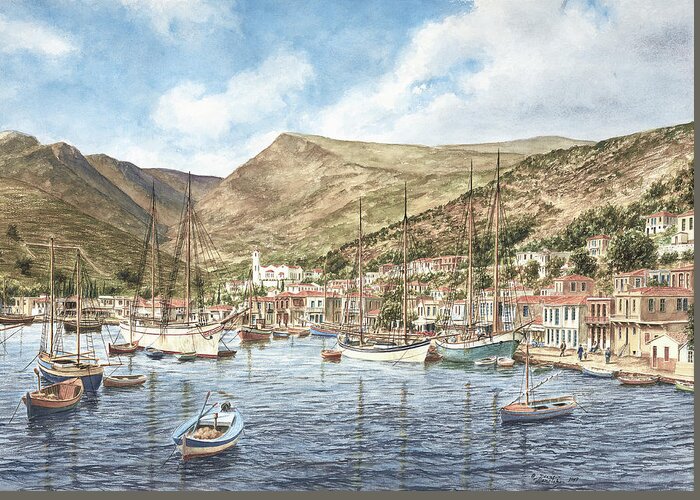Greek Seaport Town Greeting Card featuring the painting Greek Seaport Town by Stanton Manolakas