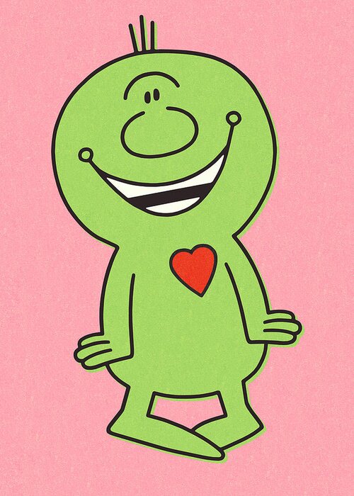 Alien Greeting Card featuring the drawing Green Alien in Love by CSA Images