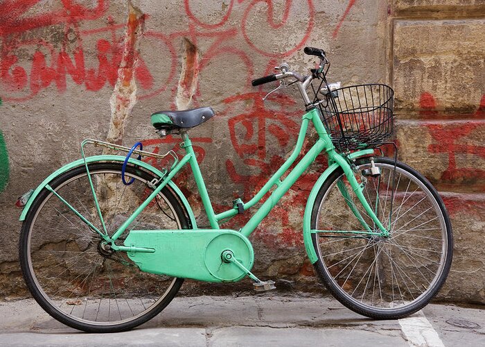 Leaning Greeting Card featuring the photograph Green Bike And Graffiti by Jeremy Woodhouse