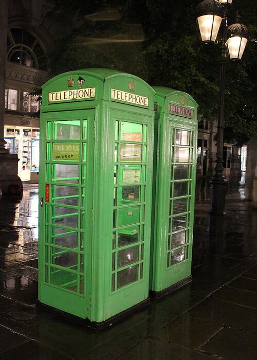 Telephone Greeting Card featuring the photograph Green British Telephone Booths by Laura Smith
